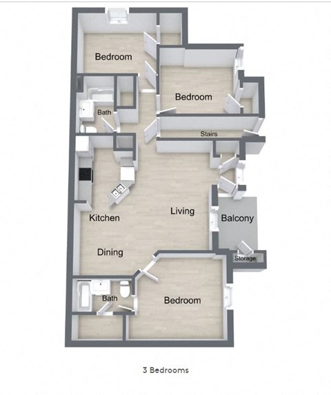 Floor plan for 3 beds, 2 baths, 1239 sqft